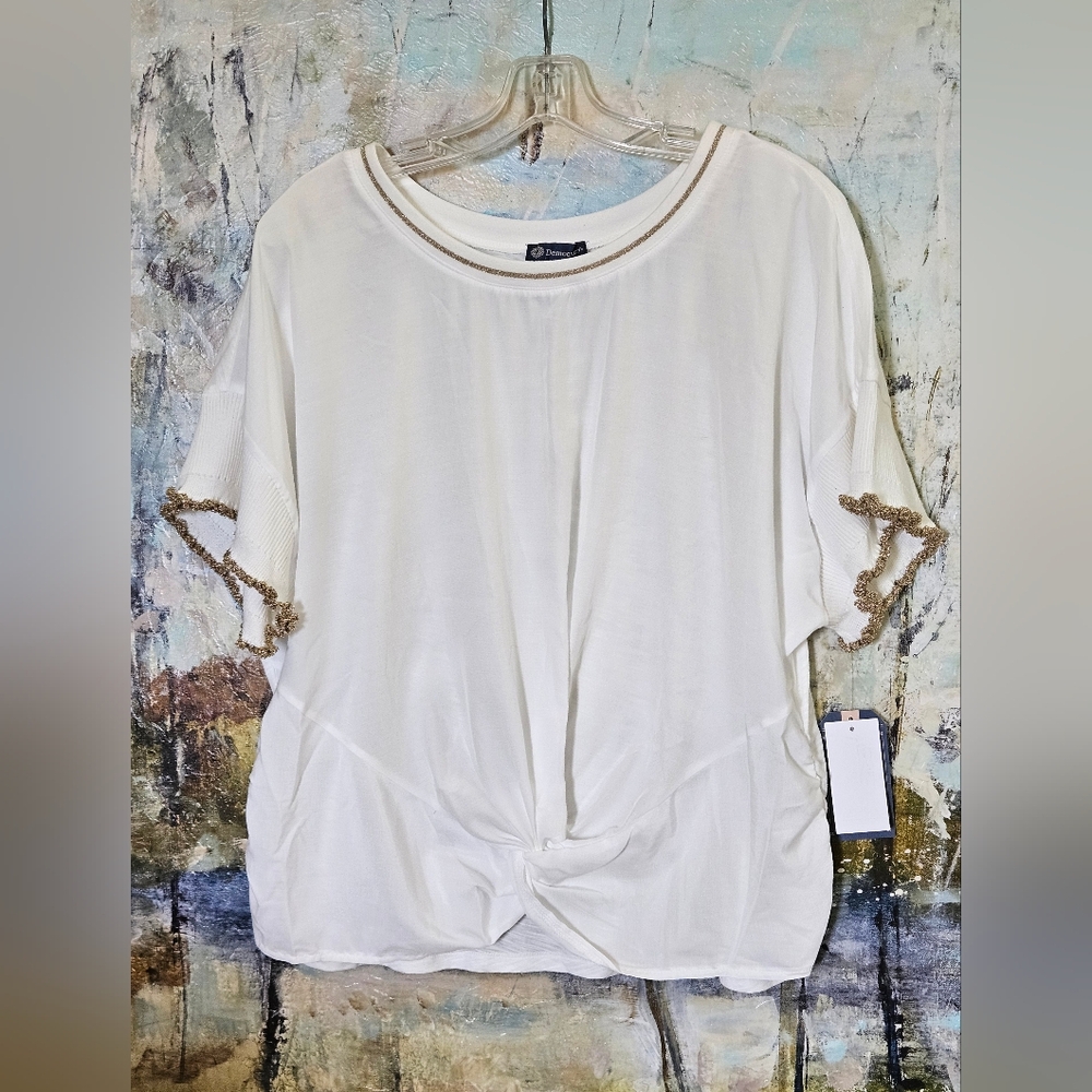 NWT Democracy White Twist-Front Top with Gold Metallic Trim W's Sz XL